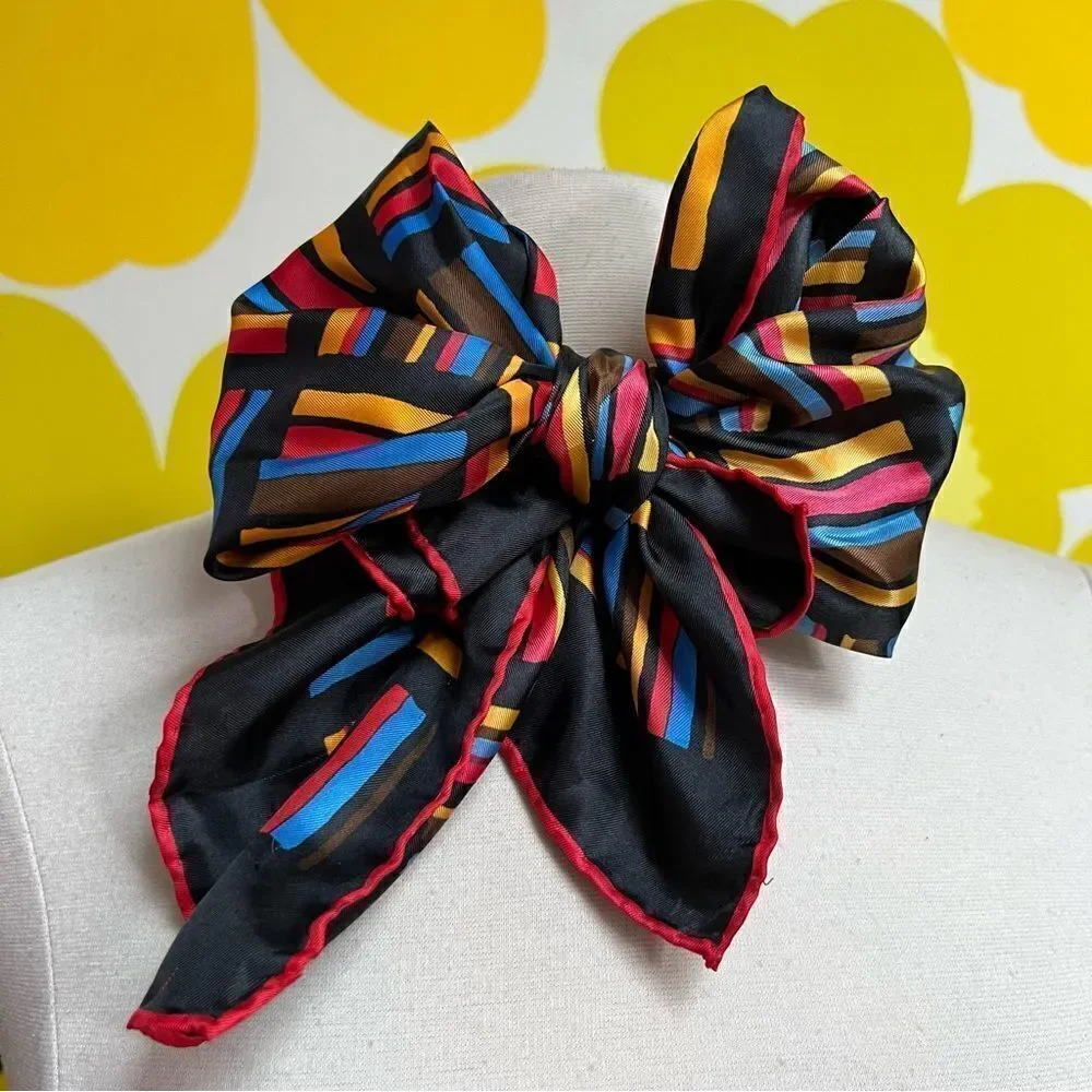 Mod Vintage 70s Primary Color Lines Geometric Hair Neck Bag Scarf